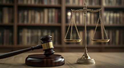 A wooden gavel and scale of justice on the table in front view. The background is blurred with a bookcase.
