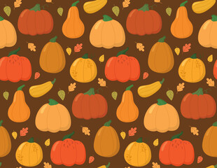 Seamless pattern with cute autumn pumpkins and leaves on brown backdrop. Colorful fall background	