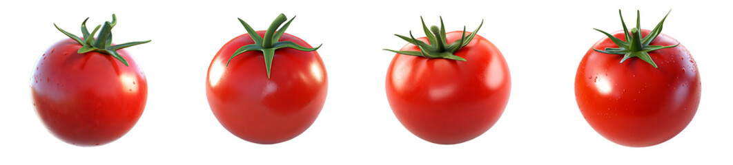 Four vibrant red tomatoes, each with green stems and glistening skin, are lined up in a row, isolated on a transparent background.

