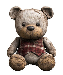 A tattered teddy bear, adorned with a plaid vest, sits forlornly on a transparent background.

