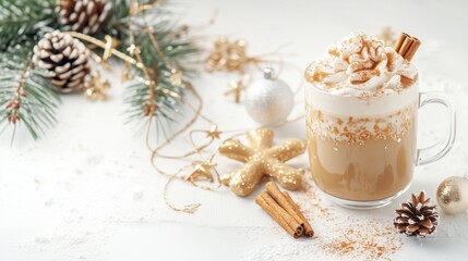 Delicious coffee based cocktail with whipped cream, cinnamon and caramel syrup and ginger man inside and Christmas decorations, banner with copy space. For blog, poster, background, cookbook cover