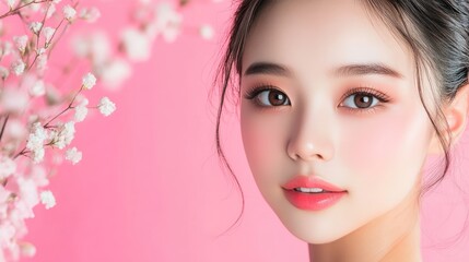 Fototapeta premium A close-up portrait of a young woman with natural makeup, surrounded by delicate flowers against a pink background.