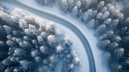 A snow-covered road winding through a forest in winter