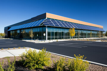 Obraz premium Modern office building with solar panels on the roof, highlighting the use of renewable energy and sustainable architecture in a commercial property