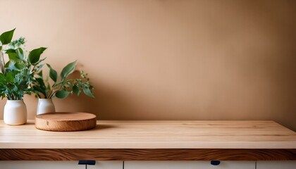 Wooden countertop in the kitchen. Empty product table against a beige wall background. Brown podium for presentation. Interior with a platform for advertising eco-cosmetics


