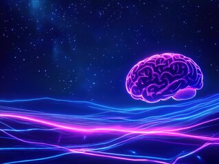 Neon brain illustration with vibrant light waves in dark space.