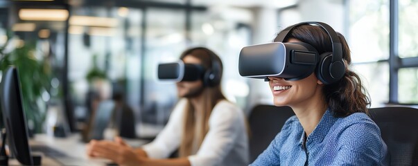 Business professionals using virtual reality tools to develop innovative strategies, sleek workspace Innovation in business, virtual technology