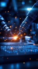 Fototapeta premium Robotic arms welding with sparks on a digital interface.