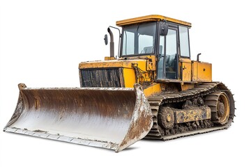 Yellow bulldozer with dirt, isolated on white