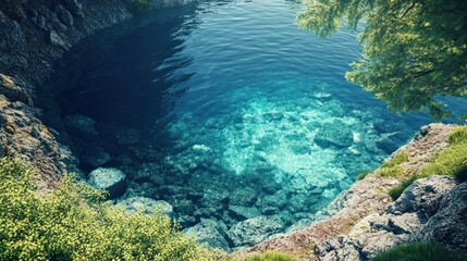 Obraz premium Serene underwater scene with crystal-clear turquoise water revealing rocks and coral formations.