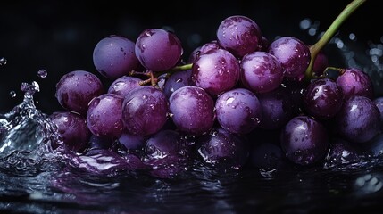 A bunch of purple grapes submerged in water, glistening in soft light, with a dark background highlighting the freshness.