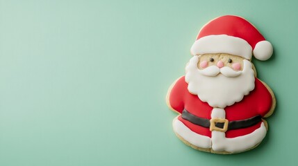This delightful cookie, decorated to resemble Santa Claus, sits against a gentle pastel green backdrop, evoking a joyful holiday spirit and festive cheer