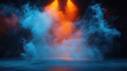 Obraz premium Mysterious smoke swirling in vibrant blue and orange hues, creating an atmospheric backdrop for artistic expressions.