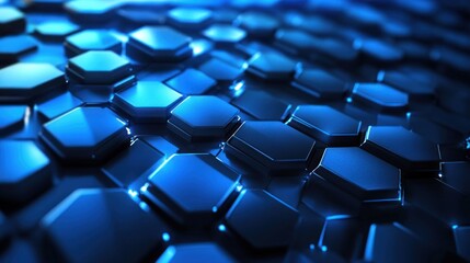 Fototapeta premium Close-up of hexagonal metallic shapes in a vibrant blue hue, creating a dynamic and futuristic texture.