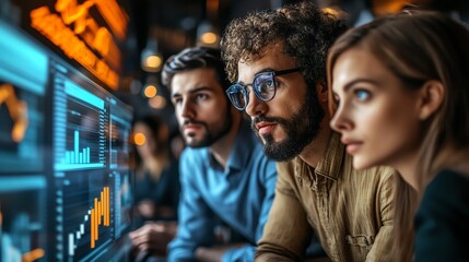 Obraz premium Diverse business team analyzing international market risks and opportunities, focus on data Global market analysis, business growth