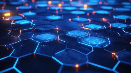 Obraz premium Futuristic blue and orange hexagonal pattern glowing in a digital design, creating a vibrant tech atmosphere.