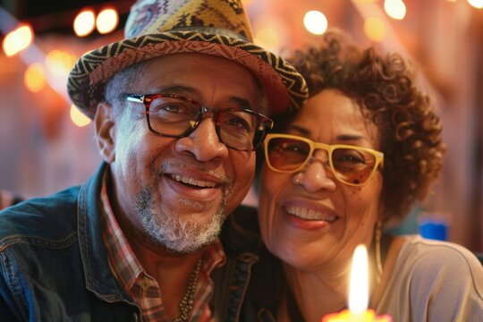 Portrait of a glad mixed race couple in their 60s celebrating birthday