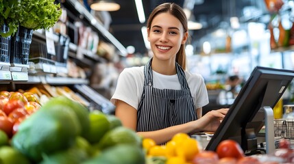Smiling Grocery Store Cashier at Checkout Counter.