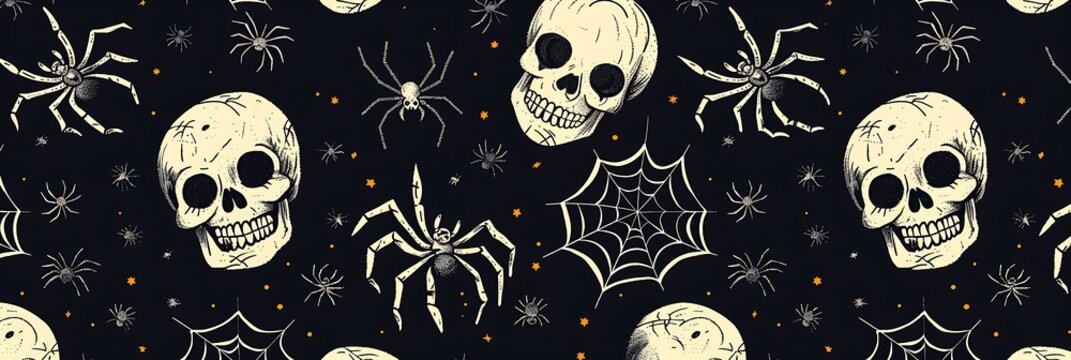 Skeletons and spiders crawling across a black background in a fun and festive Halloween pattern