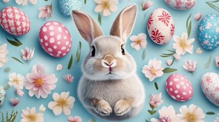 A cute gray rabbit surrounded by colorful Easter eggs and blooming flowers.