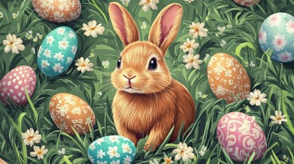 A cute brown bunny surrounded by colorful Easter eggs nestled in green grass and white daisies.