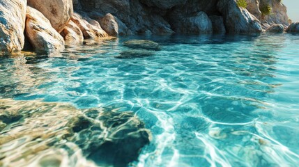 A tranquil turquoise sea gently laps against sunlit, rocky shores, creating a serene coastal scene.