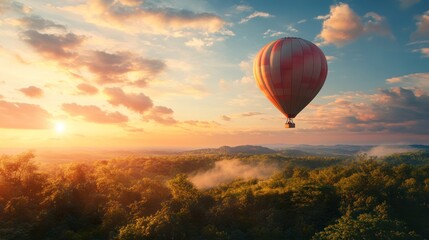 Obraz premium A vibrant hot air balloon soaring gracefully over a lush green forest at sunset, illuminating the sky with warm tones.