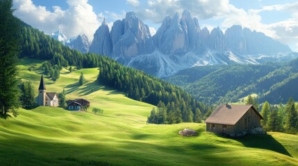 Fototapeta premium Scenic view of a peaceful village nestled among lush green hills and majestic mountains.