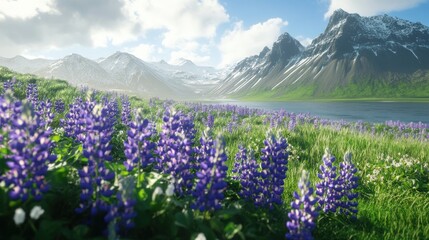 A breathtaking landscape featuring vibrant purple lupines against majestic snow-capped mountains and a serene lake.