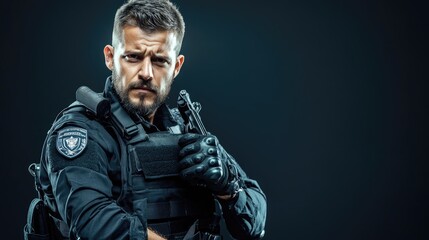 Obraz premium A confident security officer in tactical gear poses for the camera, embodying strength and readiness in a dramatic setting.