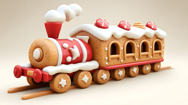 Festive Christmas gingerbread train cookie decorated with colorful icing 