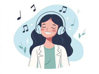 A girl smiling and listening to music with headphones, flat design illustration with simple shapes and lines. 
