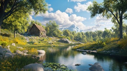 Fototapeta premium A tranquil scene featuring a cozy wooden cabin by a serene lake surrounded by lush greenery and majestic mountains in the background.