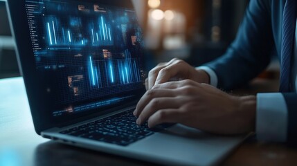 A male professional in a suit analyzes data on a laptop, with glowing digital graphs and charts displayed on the screen.