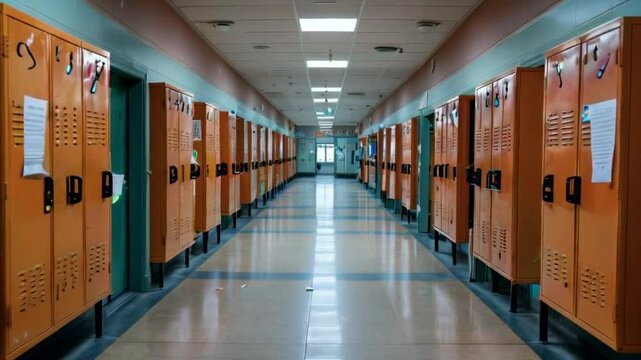 A hallway lined with orange lockers in a school setting.