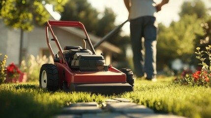 A focused middle-aged Caucasian man mowing the lawn with a red lawn mower on a sunny day in a lush garden setting.