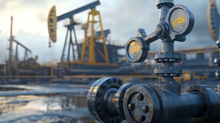 Close-up of a rusted industrial valve in an oil field, showcasing the machinery and equipment used in extraction processes.