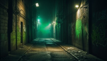Fototapeta premium Dark urban alley at night with crumbling walls covered in graffiti and eerie, dim lighting
