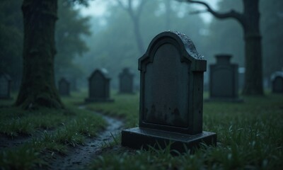 Old gravestone in a misty cemetery, surrounded by trees and rain with a melancholic atmosphere
