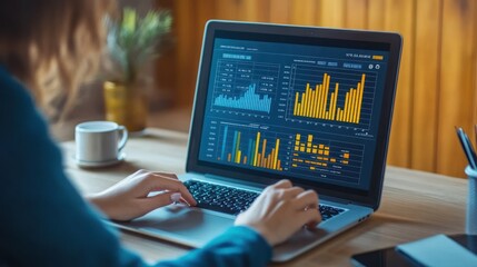 A focused young Caucasian woman analyzing data on a laptop with statistical graphs displayed. Warm light creates a productive atmosphere.
