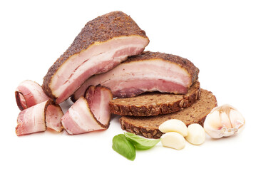 Hot smoked meat with slices, isolated on white background.