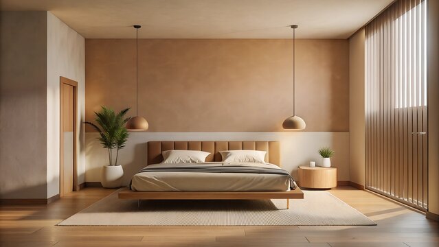 Minimalist interior design of modern bedroom with Light brown wall.
