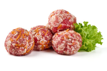 Raw pork meatballs, isolated on white background.