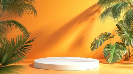 Fototapeta premium A bright tropical setting featuring a circular podium against a vibrant orange background with lush green palm and monstera leaves.