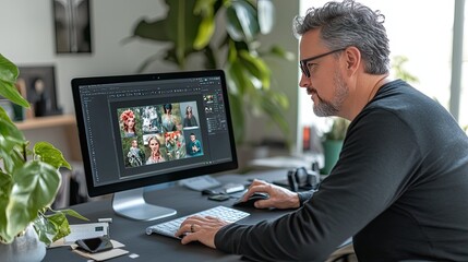 A creative professional editing images on a computer, showcasing a stylish workspace with plants and technology.