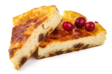 Cheesecakes with raisins, isolated on white background.