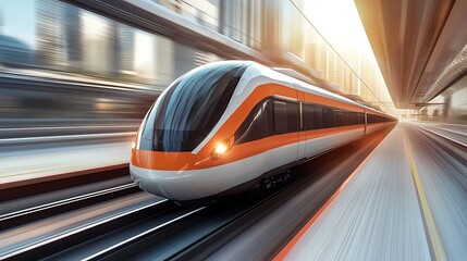 Fototapeta premium High-Speed Train Zooming Through Cityscape.