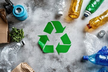 Recycling symbol surrounded by assorted waste