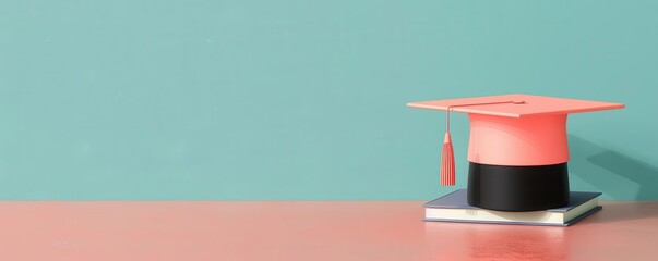 Corporate training, book and graduation cap Clipart, pastel color 3D illustration, copy space for text, focus cover all object, deep dept of field