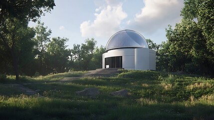 Modern Observatory in a Green Forest.